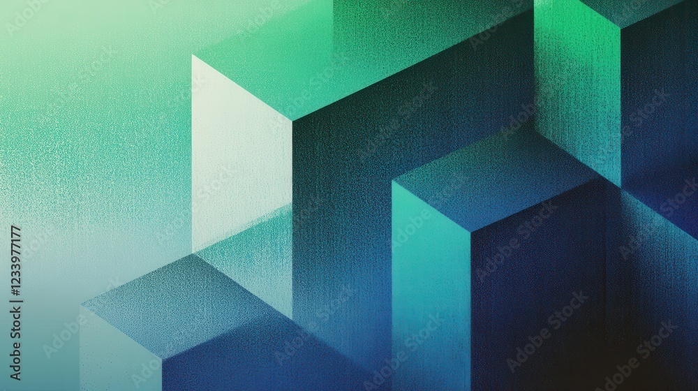 Poster An abstract grainy gradient background featuring minimalistic geometric shapes in blue and green hues. 