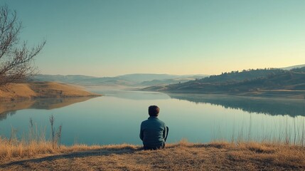 Serene Man Contemplating Lakeside Scenery at Dawn Peaceful Nature Vista