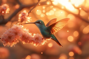 Obraz premium Hummingbird at Sunrise: Nature's Beauty and Serenity for Spring Wall Art