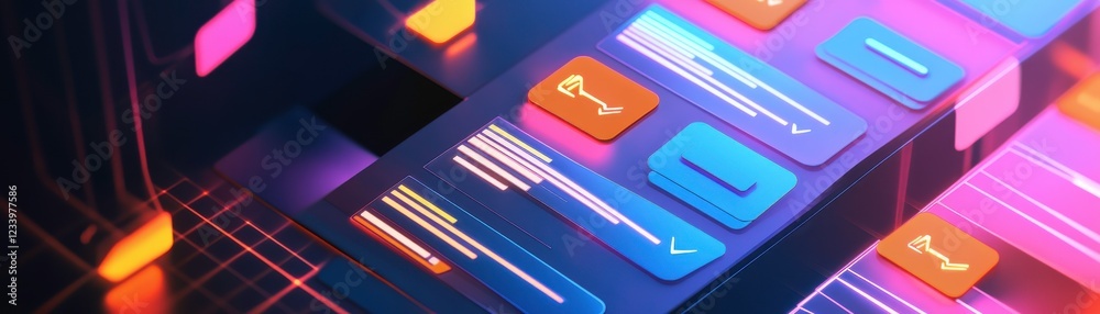 Poster a vibrant digital interface displaying colorful buttons and text, representing modern technology and