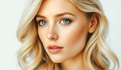 Naklejka premium Portrait of a delightful beauty with blue eyes and blonde long wave hair. The model poses in front of the camera close-up.