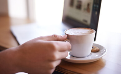 Drink, hands and laptop with person in coffee shop for online review, customer feedback and report. Small business, remote worker and cafe reputation with client closeup in restaurant for lunch