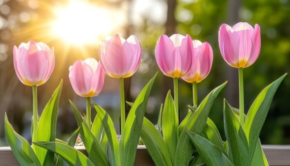 Fototapeta premium Pink tulips in golden sunlight, close-up of vibrant flowers in a spring garden, bokeh background.