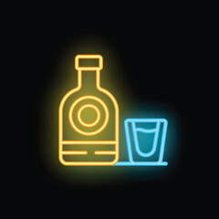 Neon sign showing a yellow bottle and blue shot glass on a black background