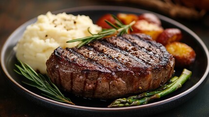 Grilled Steak Dinner Juicy Steak Mashed Potatoes Roasted Potatoes Asparagus
