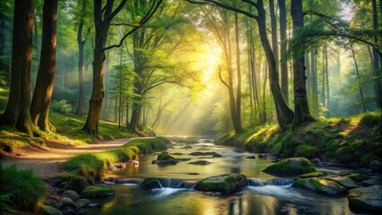 A serene forest path winding through trees with sunlight filtering through leaves and illuminating a gentle stream flowing over smooth rocks , rocks, nature