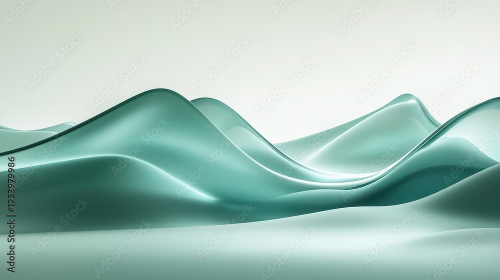 Poster An abstract satin turquoise sea waves design featuring smooth curves and soft shadows on a clean, modern background.