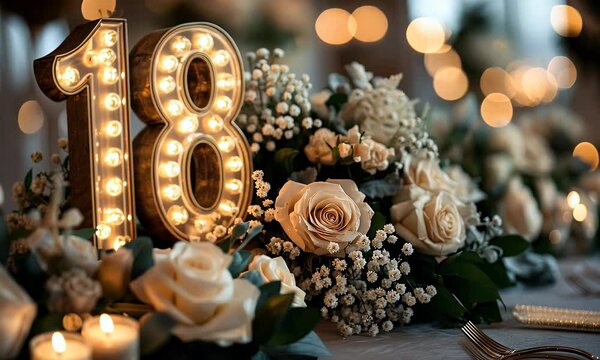 Illuminated number eighteen centerpiece with roses and candles on a table.