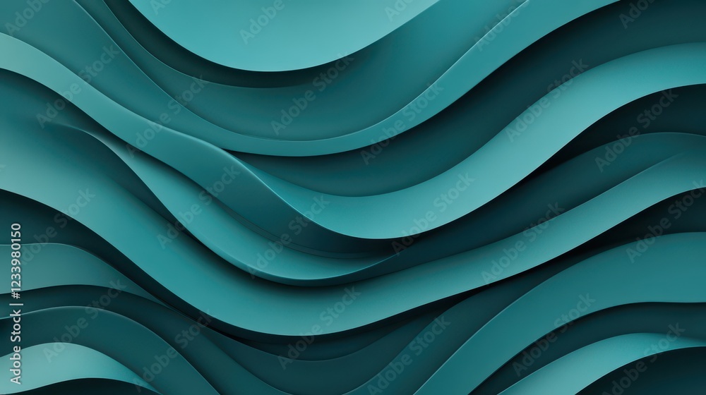 Poster an abstract satin turquoise sea waves design featuring smooth curves and soft shadows on a clean, mo