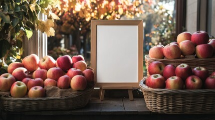 An empty scene featuring a blank poster mockup template pinned on a community bulletin board next to baskets of apples, on Apple Gifting Day,