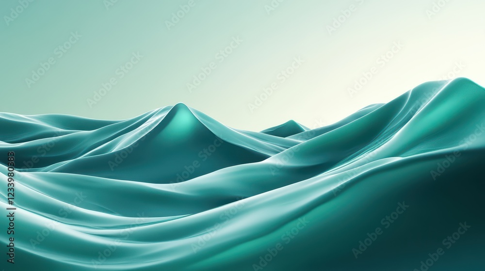 Poster an abstract satin turquoise sea waves design featuring smooth curves and soft shadows on a clean, mo