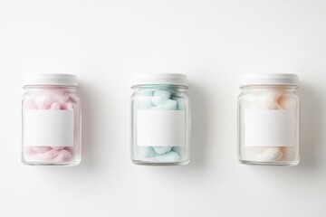 Three transparent glass jars hold vibrant cotton candy in pastel colors, placed neatly on a light gray surface, showcasing minimalist labeling ideal for gourmet presentations