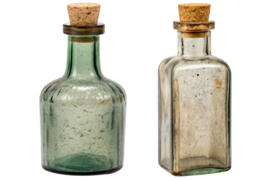Two antique glass bottles with corks isolated with transparent background