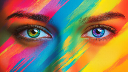 Collage of close-up male and female eyes isolated on colored neon backgorund. Multicolored stripes. Flyer with copy space for ad. Concept of equality, unification of all nations, ages and interests