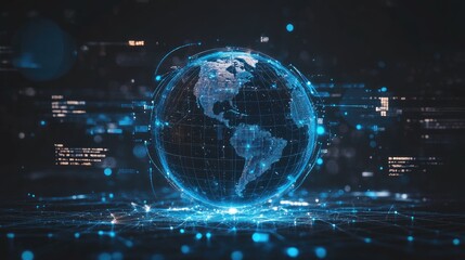 Fototapeta premium A D digital globe with interconnected startup success pathways and business expansion themes, copy space.