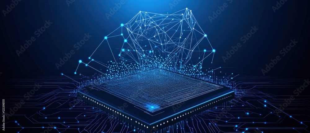 Poster complex electronic circuit board with various components and connections visible in close-up view