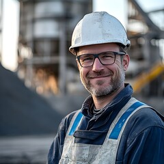 Confident Male Construction Worker Smiling Hard Hat Industrial Site