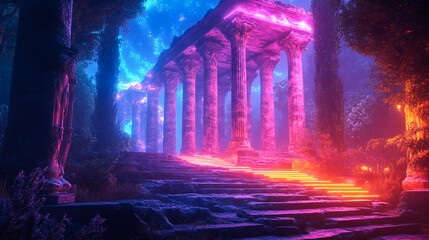 Vibrant digital artwork of an enchanted ancient temple illuminated by neon lights