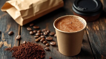 Takeaway Coffee Cup with Ground Coffee and Beans