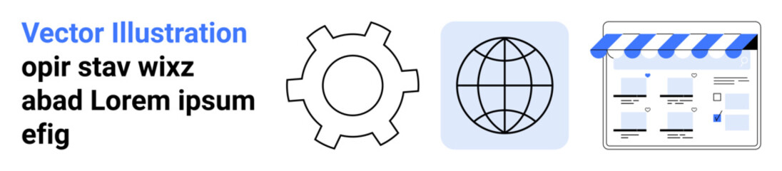 Gear icon, globe icon, and e-commerce storefront icon with placeholder text in blue and black font. Ideal for technology, global reach, online business, digital marketing, e-commerce, website