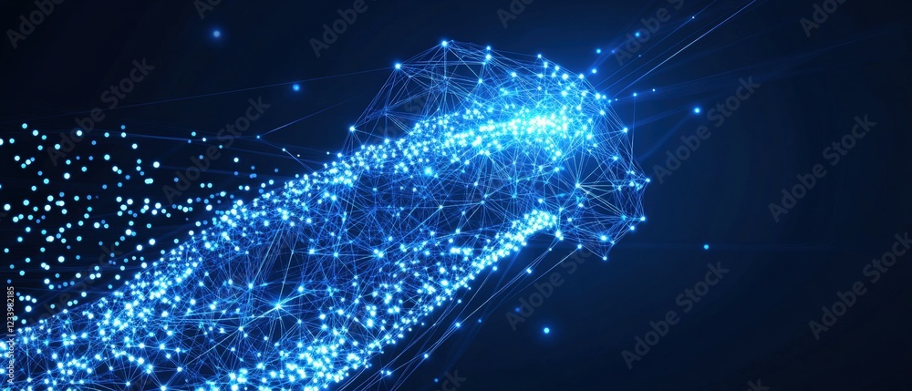 Poster blue abstract background featuring a network of interconnected dots and lines in a digital design