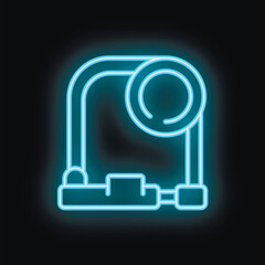 Blue neon icon of a bike lock glowing on a dark background, perfect for designs related to cycling, security, urban lifestyle, and more