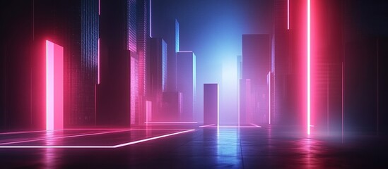 Fototapeta premium Neon lit city with pink and blue glow.