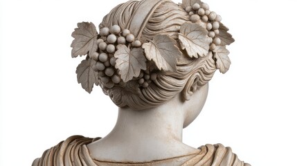 Fototapeta premium An antique Roman-Greek white marble gypsum sculpture bust of a woman adorned with grape leaves in her hair, set against a transparent white background.