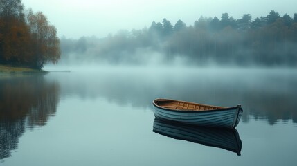 Serene Foggy Lake with Rowboat