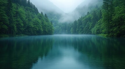 Serene Misty Lake Surrounded by Lush Green Forest