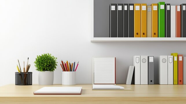 A clutter-free desk with organized books, stationery, and a tidy filing system, offering space for text about office organization tips.