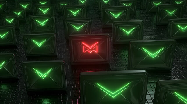 A 3D rendering of numerous glowing green email icons with a single red email standing out.  Represents important or urgent message among many.