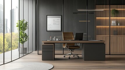 A contemporary office space with glass walls, a minimalist desk, and a simple chair, offering plenty of room for professional messaging.