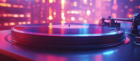 Vibrant turntable spinning a vinyl record, illuminated by colorful city lights at night