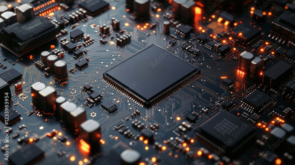 Poster close up of a computer circuit board with complex components and connections for technology backgrou