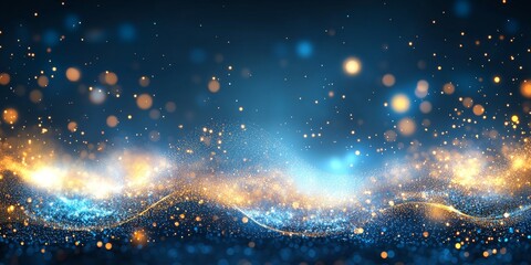 Obraz premium Abstract Background, Golden And Blue Particles Waving With Bokeh Effect, 3D Illustration