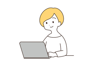 ノートパソコンを操作する女性　イラスト素材