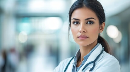A female doctor wearing a lab coat and stethoscope, with a professional yet friendly expression, copy space.