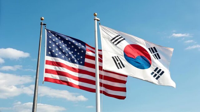 Korean and American Flags Flapping Together in the Sky, Symbolizing Unity, Diplomacy, and Friendship