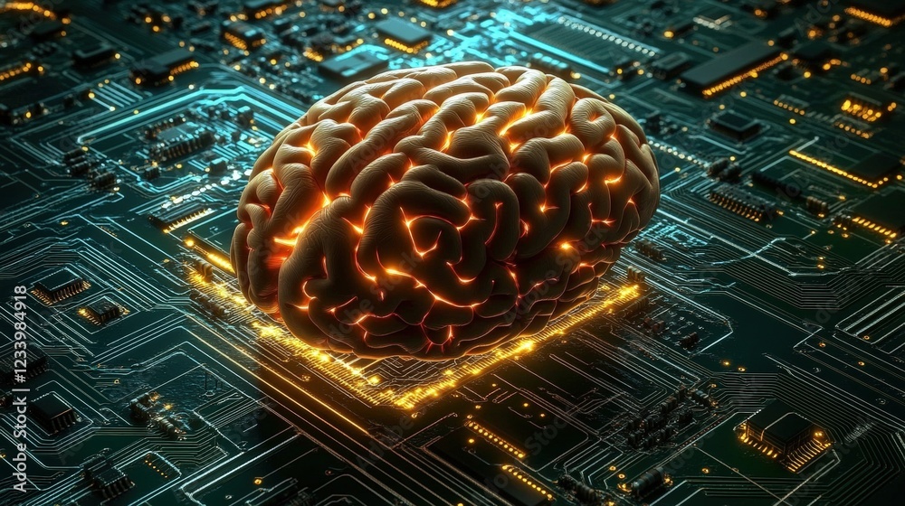 Poster brain on a circuit board with electronic components in the background representing technology and in