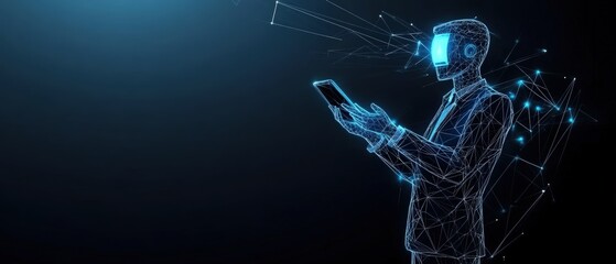 Naklejka premium Man in a suit using a smartphone while standing in a modern office environment