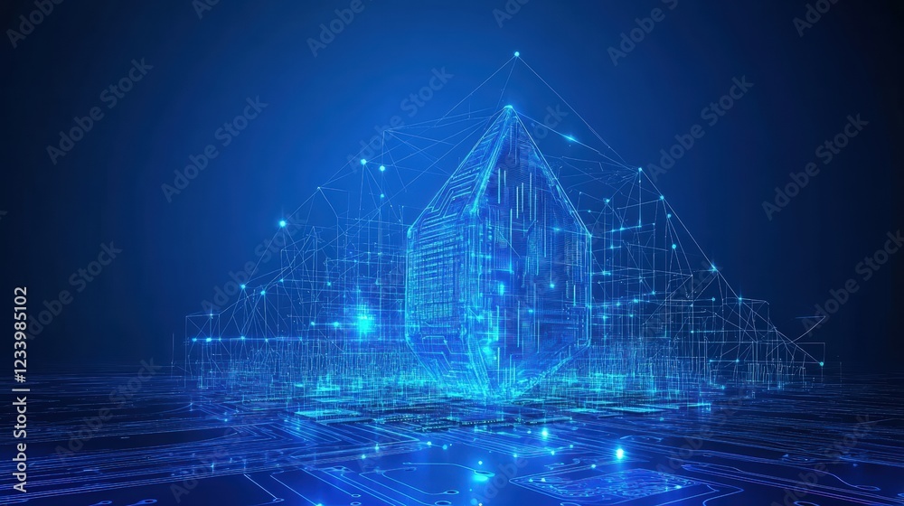 Poster futuristic architectural design featuring a building with a network of connected lines and structure