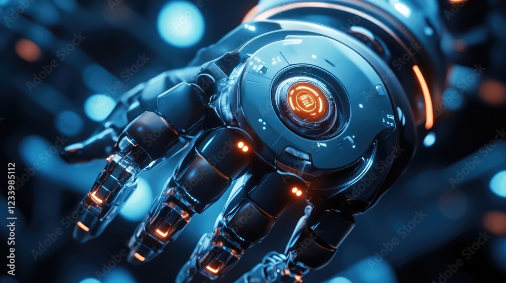 Poster abstract robotics design with glowing sensors, mechanical arms, and digital technology elements blen