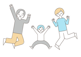 ジャンプする3人家族　イラスト素材