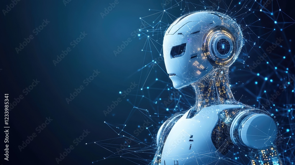 Poster abstract robotics system with interconnected robotic elements, glowing digital data flow, and seamle