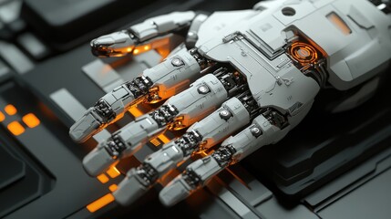 Abstract robotics system with glowing digital gears, advanced robotic arms, and seamless mechanical integration, creating high-tech copy space.