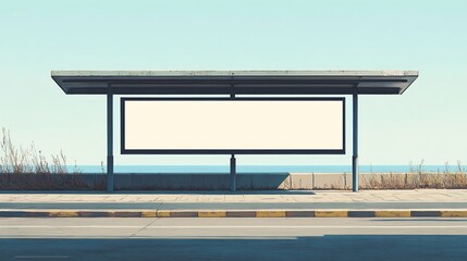 Blank billboard calmly sits at seaside bus stop bathed in warm sunlight. AI Generated