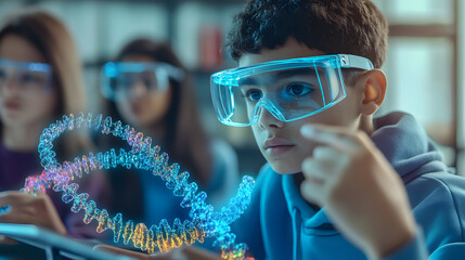 A young boy wearing protective goggles interacts with a holographic DNA strand, showcasing futuristic learning in science and technology. Two girls in the background are also using tablets.