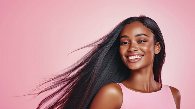 A young woman with sleek, long black hair joyfully smiles, wearing a soft pink dress. Her hair flows beautifully, contrasting against the delicate pink tones of her outfit, radiati