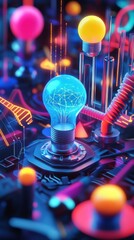 A vibrant, colorful image featuring glowing light bulbs and abstract shapes, creating a futuristic, tech-inspired atmosphere.